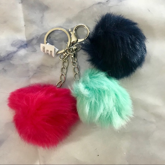 Mint Green, Pink & Navy Blue Pom Pom Keychain - Picture 3 of 3